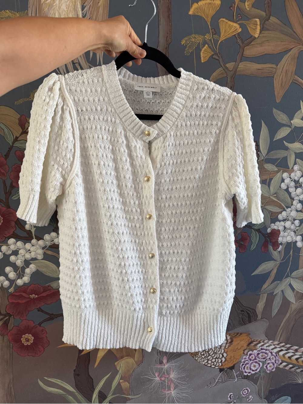 Free Assembly Textured Knit White Short Sleeve Button Cardigan with Gold Buttons